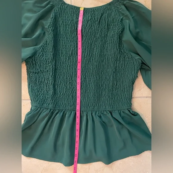 NWOT Forest Green Smocked Blouse with Puff Sleeves - Picture 7 of 8